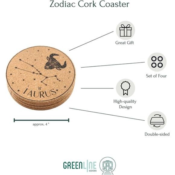 Taurus Cork Coasters - (Set of 4) Unique Boho Zodiac Decor - Modern Astrology - Picture 3 of 6